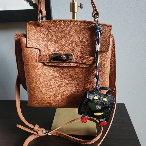 Handbags - Kelly Styled Tan Leather Crossbody with Idole Miniature Charm